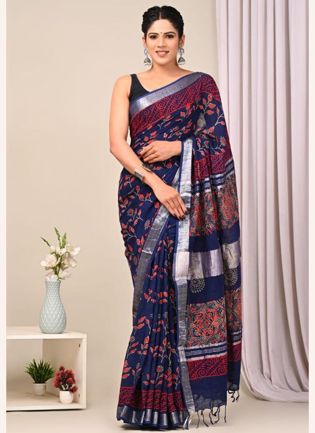 Linen Blue Casual Wear Printed Saree